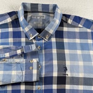 US Polo Assn Mens 2XL Button Down Shirt Blue White Plaid Long‎ Sleeve Slim Fit